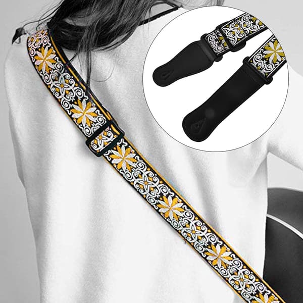 Justerbar broderad mönstrad axelbandstillbehör för folk klassisk gitarr (gul)