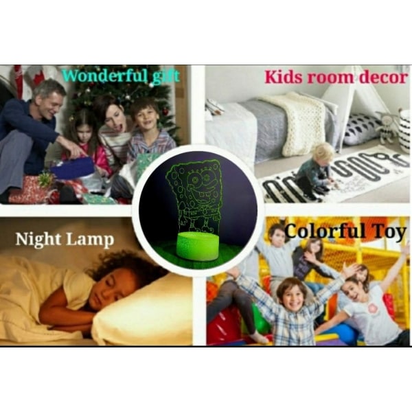 WJ Nattlampa för barnens sovrum. Fjärrkontroll Flerfärgsläge 3D illusionslampa. Bästa gåvan för barn födelsedag, jul. Enkel användning med Svampbob Fyrkant