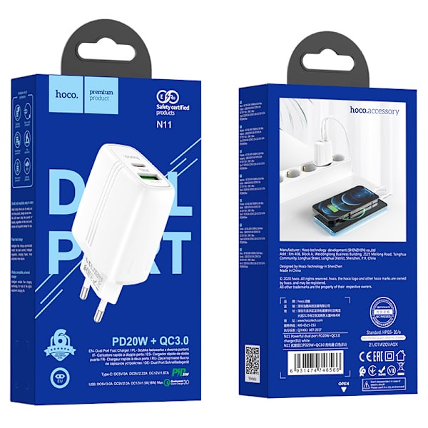 hoco. N11 Youneng dobbelt-port PD20W+QC3.0 lader for iPhone12 europeisk standard lading