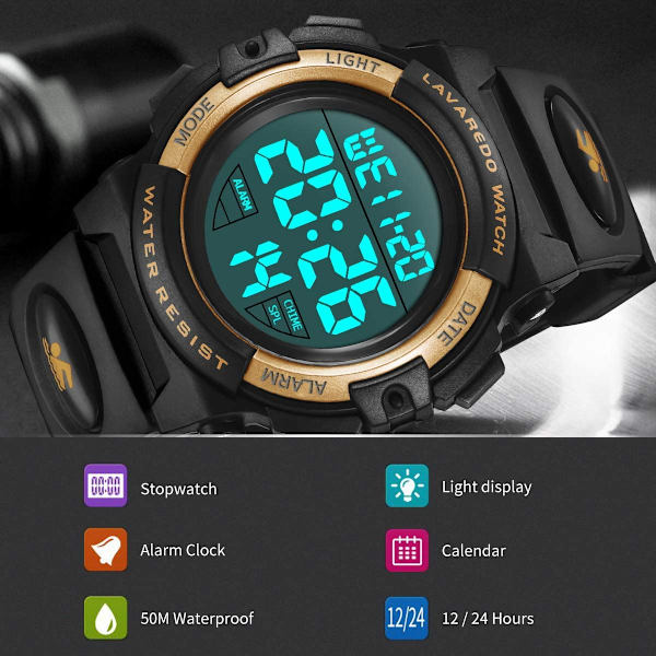 Barnklocka, Pojkklocka för 6-15 år gamla pojkar, Digital Sport Outdoor Multifunktionell Kronograf LED 50M Vattentät Alarm Kalender Analog Klocka（Guld）