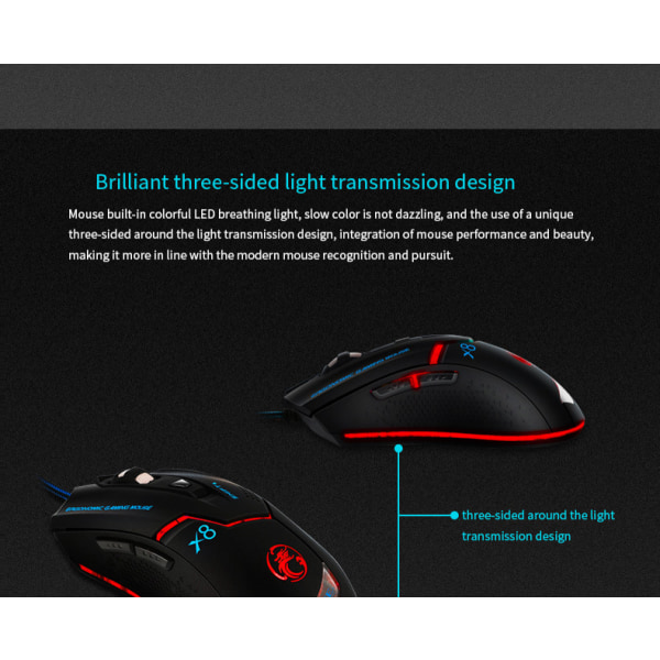 X8 trådad självlysande e-sport spelmus Jedi överlevnad äta kyckling mus ökad fyrfärgskontrollerbar