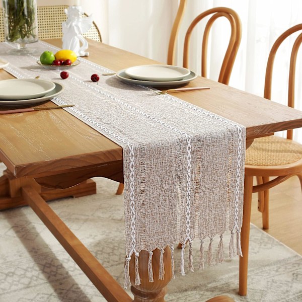 Efterårs Rustik Farmhouse Stil Linned Bordløber, Boho Håndlavet Kvaster Bordløbere 60 Tommer Lang til Feriefest, Thanksgiving Hemstitched Light Coffee 13"W X 60"L