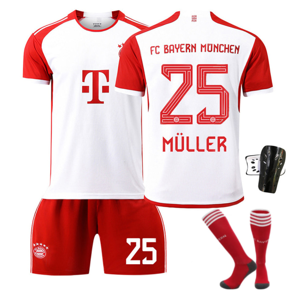 23/24 Bayern Stadium Hemma Barnfotbollströja Set med Strumpor och Skydd 25 MULLER 2XL