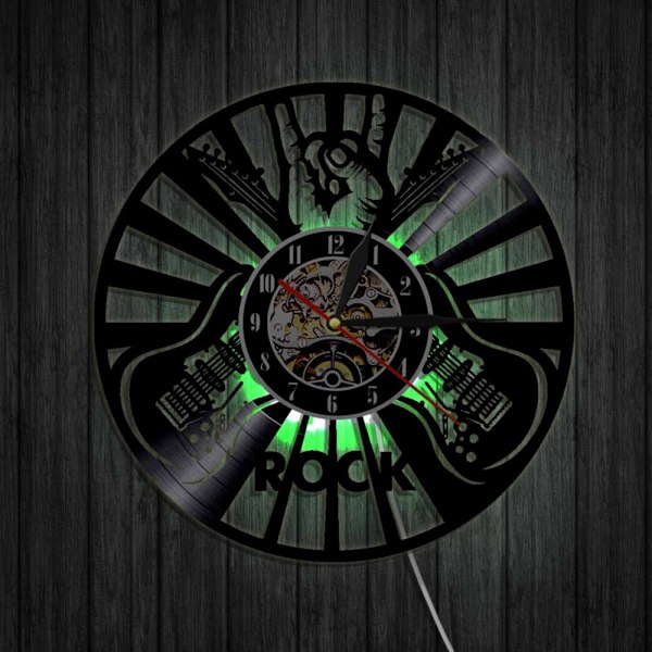 Musikvynil väggklocka - Rockgitarr LED-ljus väggklocka - Vinylklocka - Vardagsrumsväggdekor - Unika presenter till musikälskare