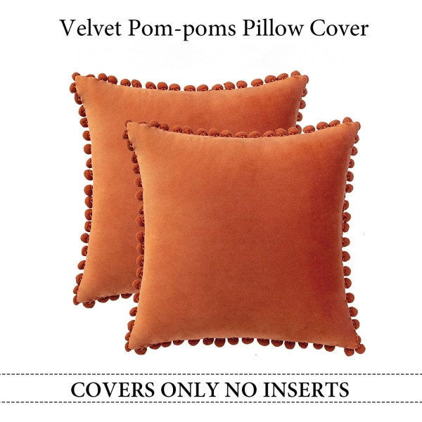 Pakke med 2 dekorative pudebetræk, bløde partikler fløjl ensfarvede pudebetræk med pomponer til sofa soveværelse bil (20 x 20 tommer, orange)