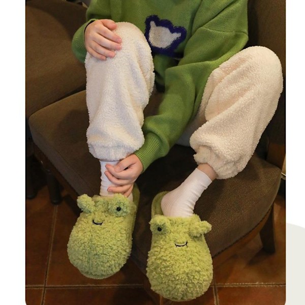 Unisex Cartoon Frog Fleece Hemtofflor Memory Foam Halkfria inomhusskor (storlek: 8,5-9)