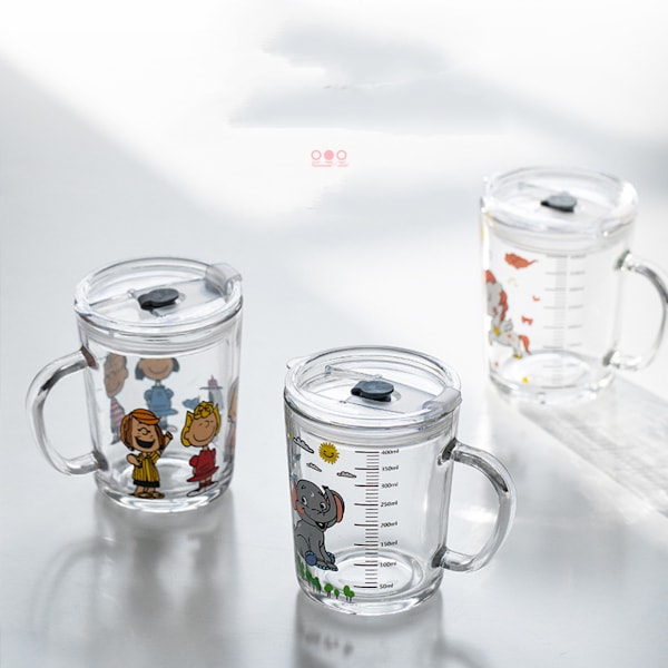 lesgos Barnmjölkskopp med sugrör, 400ml Transparent Glas Lär dig att dricka träningskopp, Söt mikrovågsugnssäker drickmugg med läckagesäker