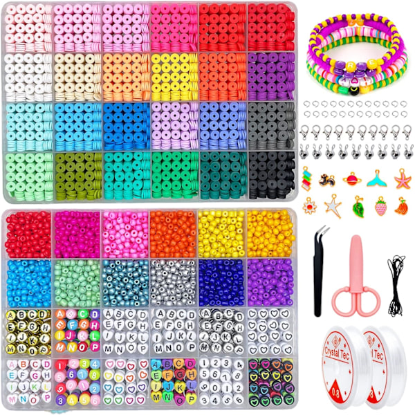 7655 PCS Leireperler Armbånd Lagingssett - 4800 PCS 6mm Flat Perler Polymer Leireperler, 2000 PCS 4mm Glass Seed Perler Pony Perler, 720