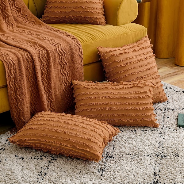 Set med 2 dekorative Boho pynteputer i lin med stripet jacquardmønster, putetrekk til sofa, stue, soverom, 20x20 tommer, oransje