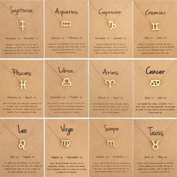 18K guldpläterad zodiachalsband, astrologismycken i rostfritt stål för kvinnor, flickor, 12 st konstellationshänge