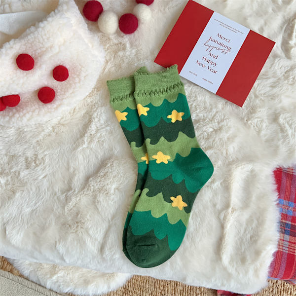 Joululahjasukat Lasten puuvillaa Syksy ja Talvi Keskituubi Sukat Iso Punainen Söpö ins Sukat Green Star 1 pair