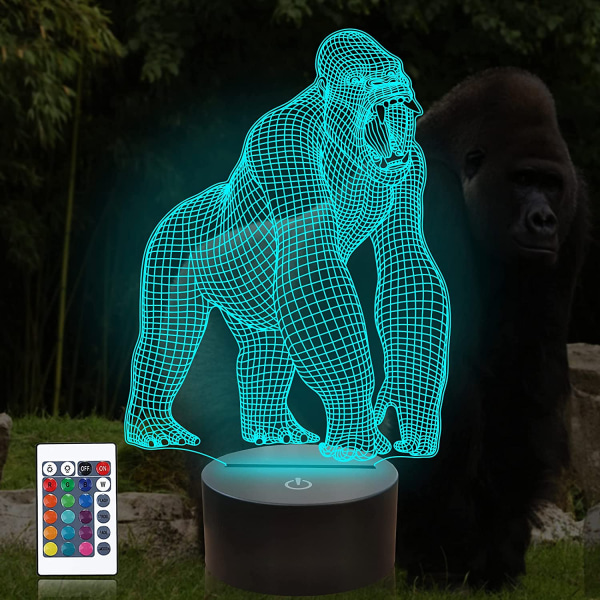 Gorilla 3D Illusion Lampa LED Optisk Hologram Nattljus 16 färger Ändrar med fjärrkontroll Barnens sovrumsinredning