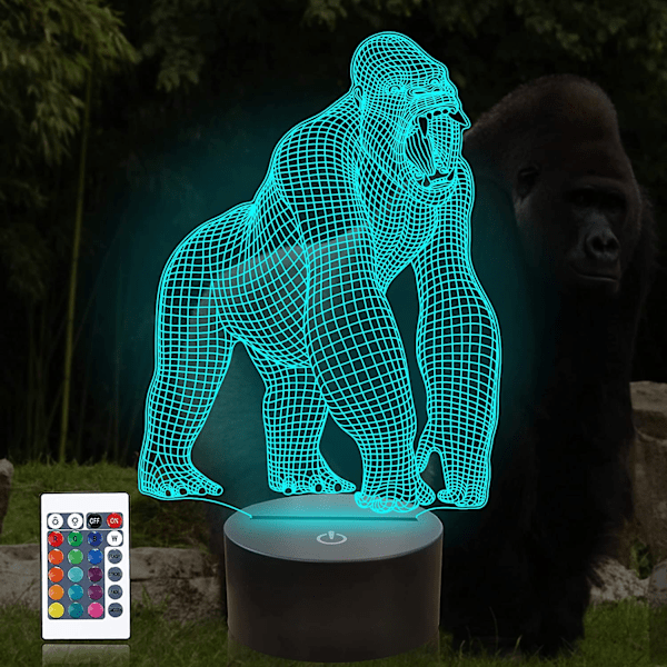Gorilla 3D Illusion Lampe LED Optisk Hologram Nattlys 16 Farger Skiftende med Fjernkontroll Barneromsdekor