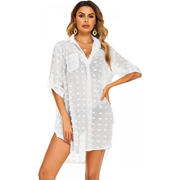 Kvinde badedragt strand cover ups skjorte bikini badetøj badetøj strand coverups kjole, B-hvid-tyk, XL