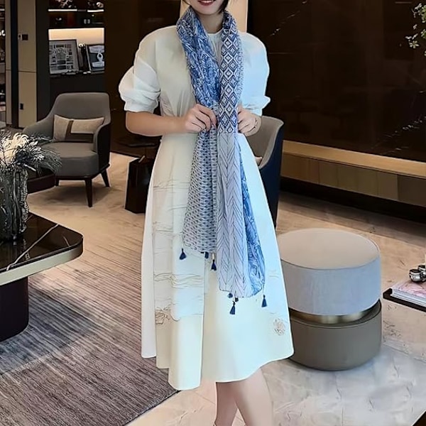 Reseschaal Boho-sjal för kvinnor Casual lättvikts Pashmina-sjal Mode Flerfärgad Sjal Wraps med fransade pärlor, BLÅ