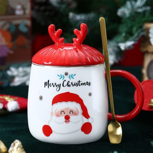 Söt mugg julkaffemugg, högkvalitativ keramik, högtemperaturbeständig, 15 oz med 3D-lock och sked, julklapp， jultomten