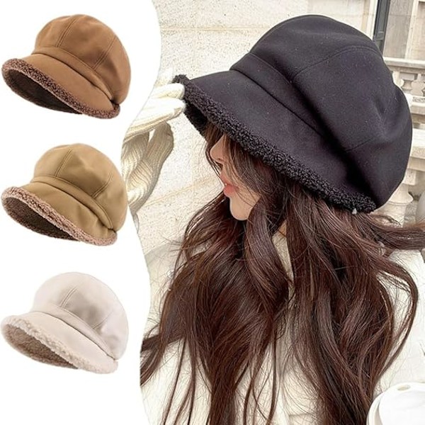 Fleecefodrad Beret för Kvinnor Fleece Bucket Hat Målarhatt Newsboy Cap Varm Fiskehatt för Kallt Vinter Present 2024