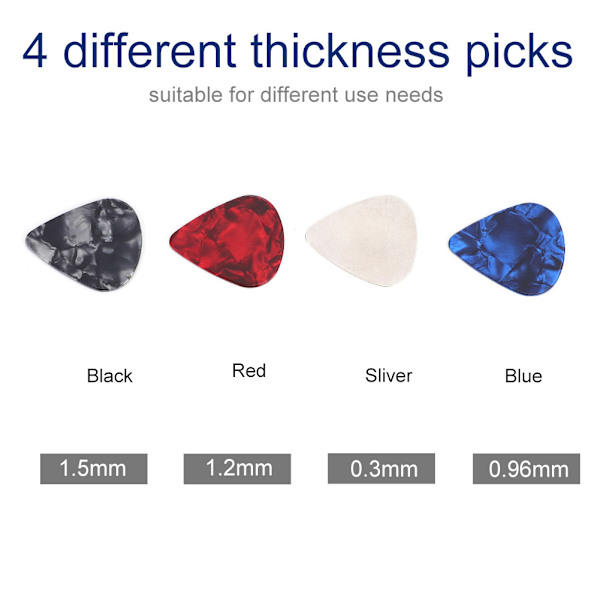 HEMA 12 st plektrum för gitarr 0,3 mm 0,96 mm 1,2 mm 1,5 mm Tillbehör till musikinstrument