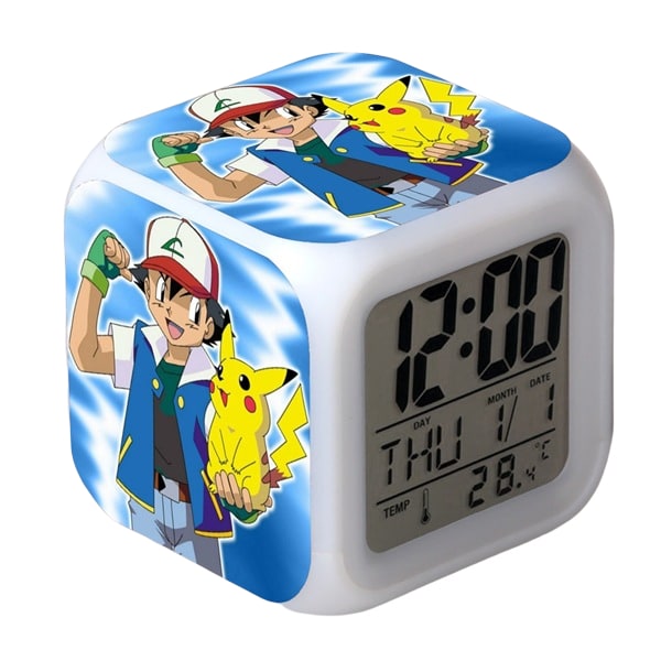 Pikachu Färgglad Väckarklocka LED Kvadratisk Klocka Digital Väckarklocka med Tid, Temperatur, Alarm, Datum