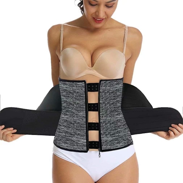 Sved Waist Trainer til kvinder med to bælter, neopren træningskorset, taljetræner, cincher, trimmer, shaper med lynlås L Gray