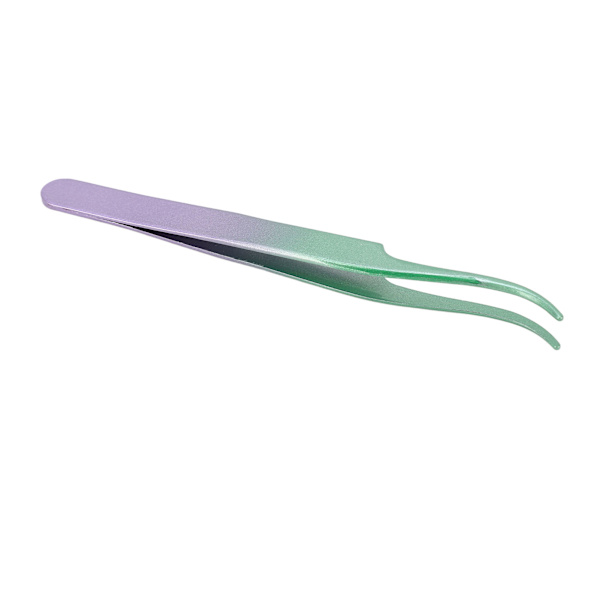 Lash Tweezers i rostfritt stål, tät bit, böjd, för fransförlängning, grön lila gradient