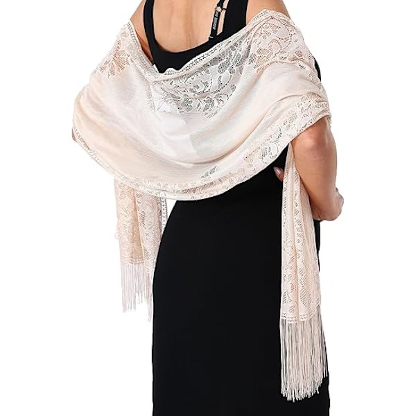 Kvinners Blomsterblonder Sjal og Wraps for Kveldskjole Frynser Blonder Pashmina Sjal for Bryllup Kostyme Fest, Offwhite