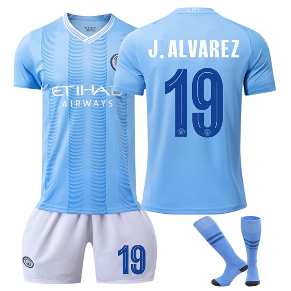 23/24 Mestarien liigan painos Manchester Cityn jalkapallopaita setti sukkineen 19 J.ALVAREZ barnstorlekar28