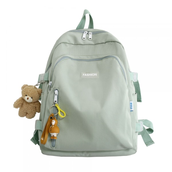 Estetisk ryggsäck för kvinnor, lätt enkel reseväska för kvinnor, ryggsäck för gymnasiegymnasium, med Kawai-hänge (grön)