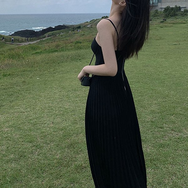 Kvinders Bohemian Blomsterkant Ruffle Kant Sling Ærmeløs Hanji Bund Snørebånd Plisseret Lang Kjole(Sort M)