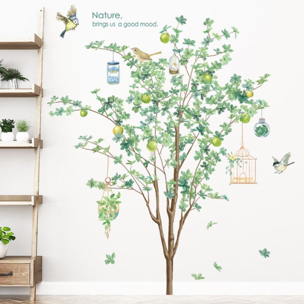 Stort grönt träd väggdekor 3d grönt träd fågel väggdekor Fågelbur Växt blomdekor gör det själv avtagbar grönt träd djur väggdekoration