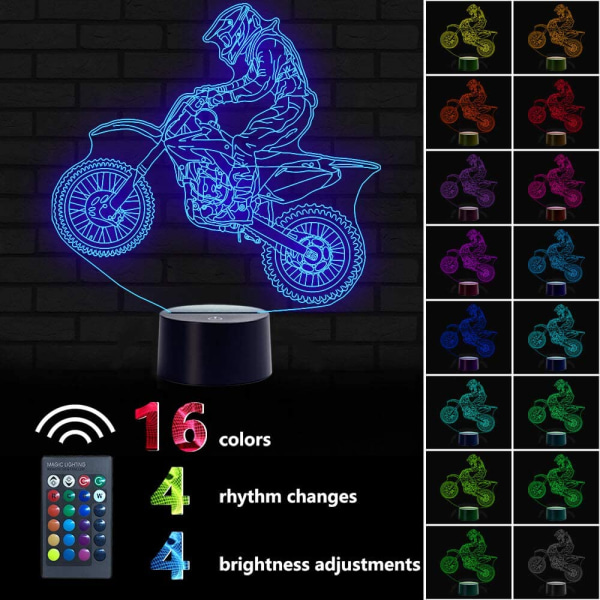 3D Nattljus, Cross Country Motorcykel 3D Nattlampa, 16 färgskiftande ljus med fjärrkontroll Djurleksaker Heminredning i sovrummet, för pojkar Flickor