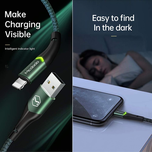 USB-Lightning iPhone -datakaapeli ja latauskaapeli, tukee nopeaa latausta ja datan synkronointia (Vihreä, 1,2 m), Nylonpunottu, USB-A, Yhteensopiva