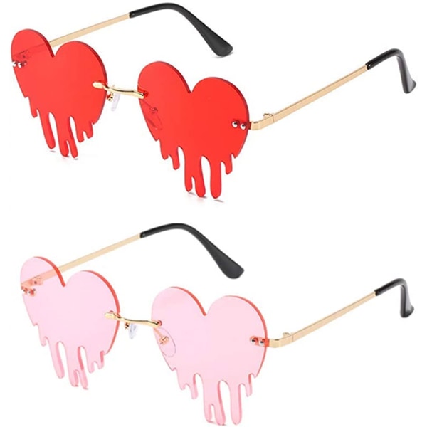 2-pack smältande hjärtformade solglasögon för män/kvinnor, ramlösa, oregelbundna, unika solglasögon i metall, festliga, halloween, färgglada glasögon, röd+rosa