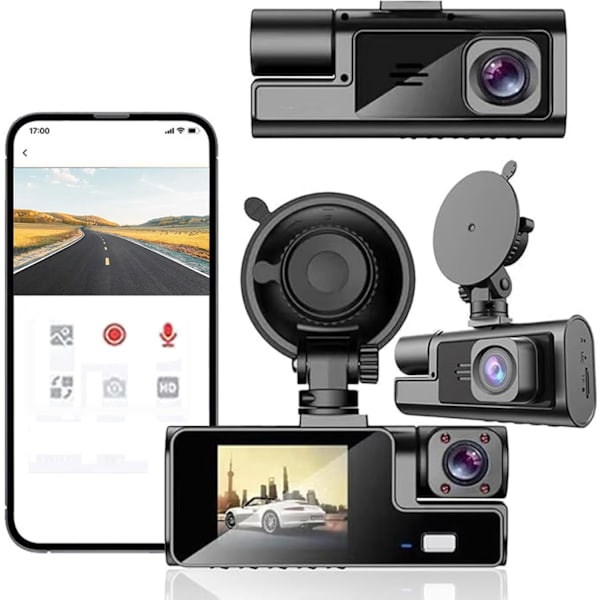 Dashcam, Dubbel Dashcam Fram och Inuti FHD 1080P, 64 GB-kort Inkluderat, Dashcams för Bilar med 24H Parkeringsövervakning, Loop-inspelning,