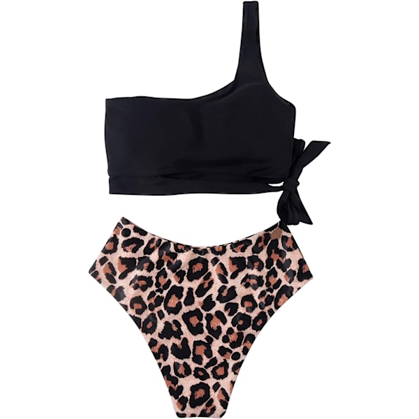 Dam One Shoulder Hög Midja Bikini Spets Upp Hög Skuren Tvådelad Baddräkt för Semester, Simning, Pool (Svart + Leopard) M