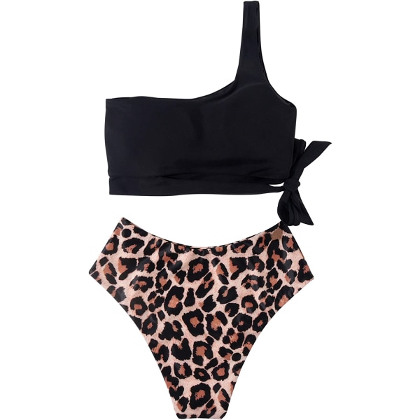 Dame En Skulder Høj Talje Bikini Snørebånd Høj Skæring Todelt Badetøj til Ferie, Svømning, Pool (Sort + Leopard) M