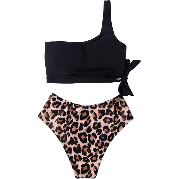Damer Bikini med hög midja med hög midja snörning Högskurna tvådelade badkläder för semester, simning, pool (svart + leopard) M