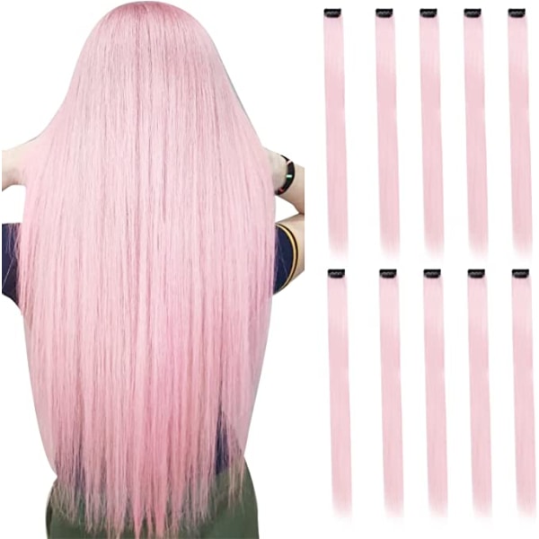 21'' 8PCS färghår för flickor Fest Highlight Färgat hårförlängning Clip in/on för flickor och barn Hi-accessoarer (rosa)