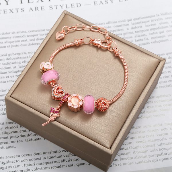Rosa kärleksblomma hänge armband med kristallpärlor, roséguld DIY armband dam, 19cm+4cm, present till familj eller vänner