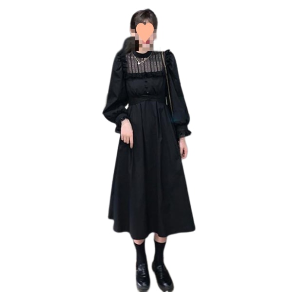 Långärmad enfärgad fyrkantig hals, rynkig klänning med hög midja, snörning Casual Eleganta midiklänningar (svart M)