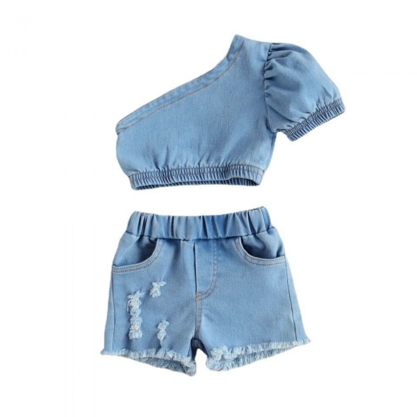 Baby Girl jeansshorts Set One Shoulder Crop Top Shirt Jean Shorts Sommar Outfits --- Ljusblå (Storlek 80)