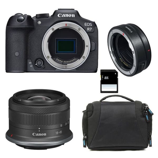 CANON EOS R7 + RF-S 18-45mm f/4.5-6.3 IS STM + Väska + SD-kort 8 GB + EF-EOS R-adapter