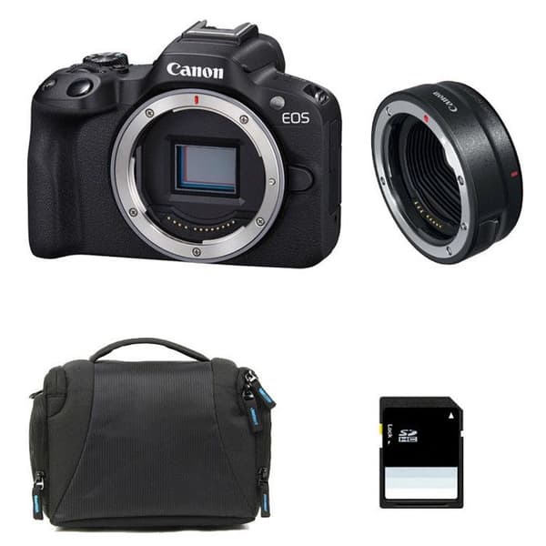 CANON EOS R50 + Laukku + 8 Gt SD-kortti + EF-EOS R -adapteri