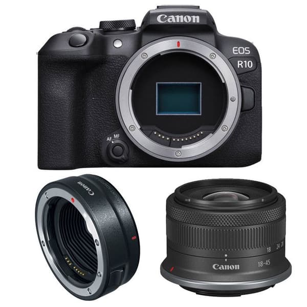 CANON EOS R10 + RF-S 18-45mm f/4.5-6.3 IS STM + EF-EOS R -adapteri Sort
