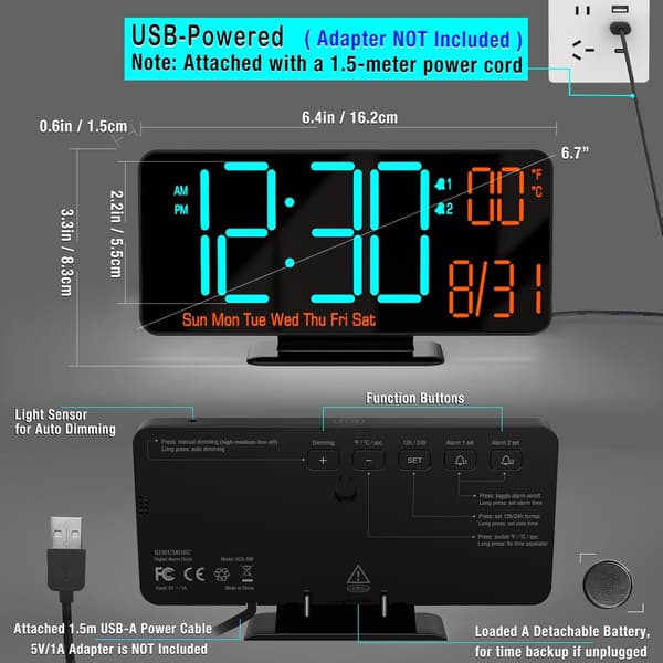 LED-väckarklocka 6,7” Svart KOSUMOSU