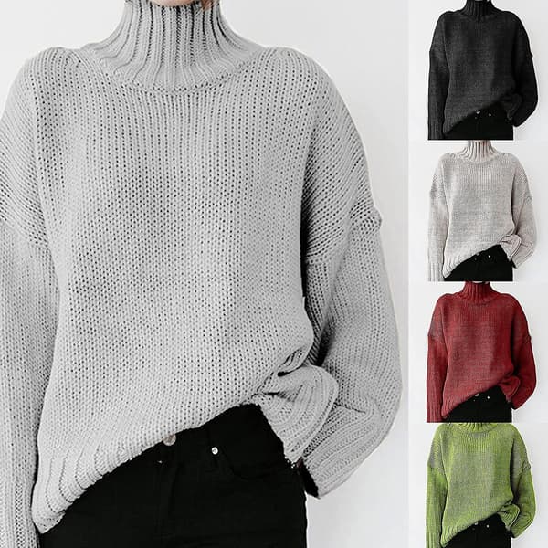 Dam Casual Långärmad Mock Neck Tröja Solid Comfy Oversized Turtleneck Stickade Tröjor