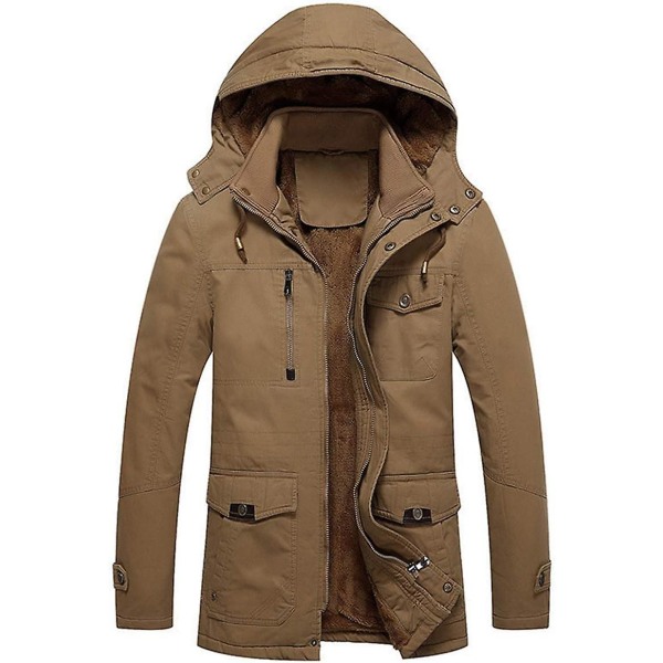 Herrejakke - afslappet Vinter Bomuld Militærjakke Tyk Hætte Cargo Frakke Khaki 4XL