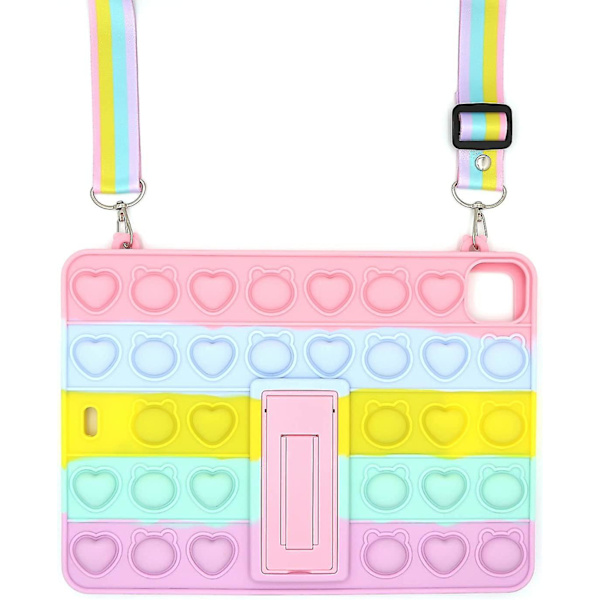 Sød Silikone Etui, Pop Push Bubble Etui Kompatibelt med iPad Air 1/iPad5 9.7 tommer, Stresslindrende Etui med Støttefod & Lanyard & Vedhæng (Regnbue Bjørn H