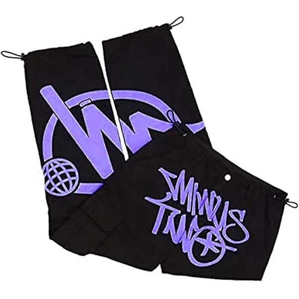 Minus Two Cargo Y2k Herr 2023 Joggingbyxor, Y2k Jeans, Baggy Hiphop Cargobyxor, Harajuku Denim Svart Print Lös Rak purple L