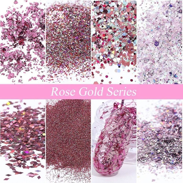 Nail Art Paljetter Glitter, 8 lådor/ set Rose Gold Pink Nail Flakes Färgglada Blandade Nagel Glitter För Nageldesign Glitter Nail Art